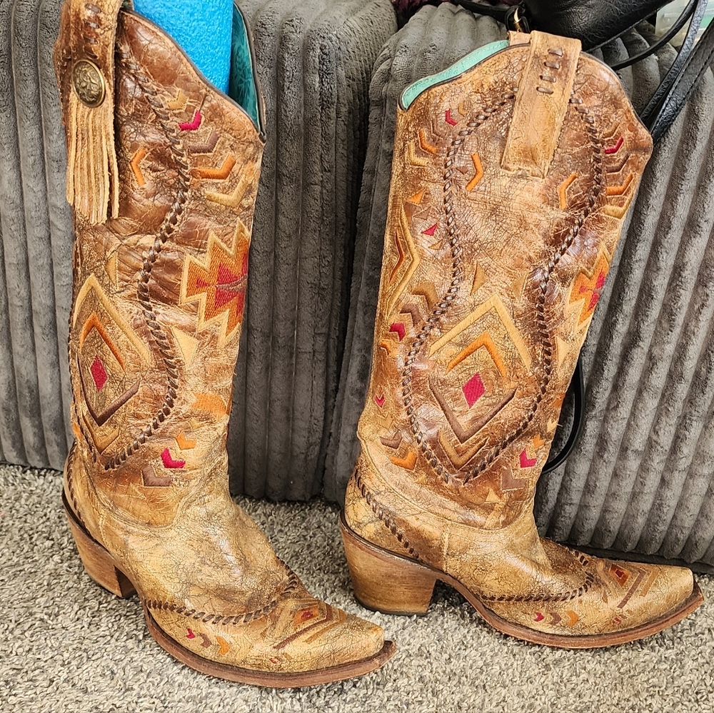 Tan and Red Embroidered Heeled Boots